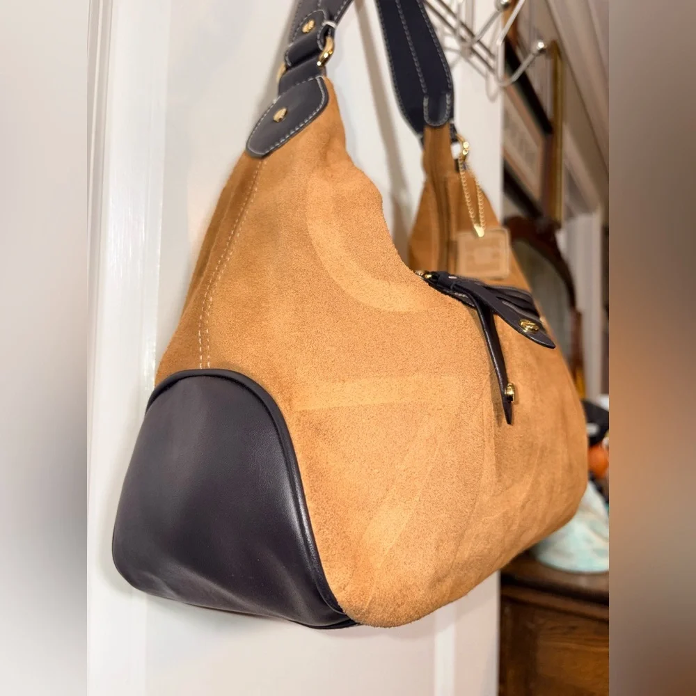 Isaac Mizrahi Brown Suede Logo Hobo Shoulder Bag Y2K